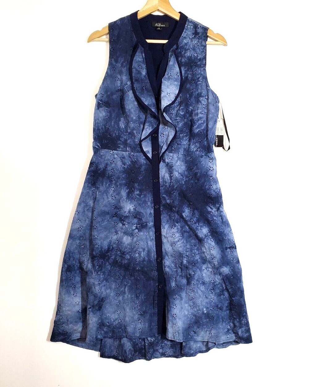 NWT AGB Dress Eyelet Tie Dye Sleeveless Button Down Shirt Dress Ruffled Lined 10